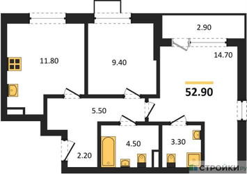 Планировка двухкомнатной(квартира) площадью 52.9 квадратных метров в ЖК “ЖК Прокшино”