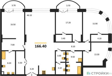 Планировка 4+ комнатной(квартира) площадью 166.4 квадратных метров в ЖК “ЖК Большая Татарская 35”