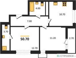 Планировка двухкомнатной(квартира) площадью 50.7 квадратных метров в “ЖК Прокшино”