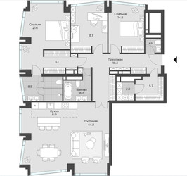 Планировка 4+ комнатной(апартаменты) площадью 143 квадратных метров в ЖК “ЖК AHEAD”