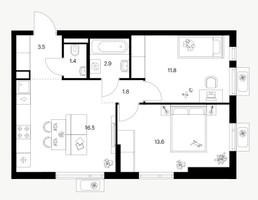 Планировка двухкомнатной(квартира) площадью 51.5 квадратных метров в “Ярославский квартал”