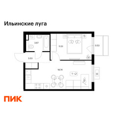 Планировка однокомнатной(квартира) площадью 37.98 квадратных метров в ЖК “ЖК Ильинские луга”
