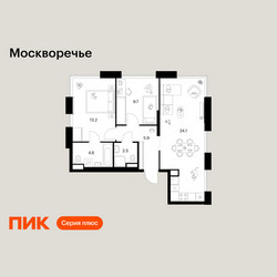 Планировка двухкомнатной(квартира) площадью 60 квадратных метров в ЖК “ЖК Москворечье”