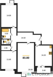 Планировка трехкомнатной(квартира) площадью 83.8 квадратных метров в ЖК “ЖК Первый Лермонтовский”
