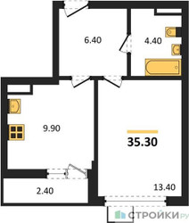 Планировка однокомнатной(квартира) площадью 35.3 квадратных метров в ЖК “ЖК Деснаречье”