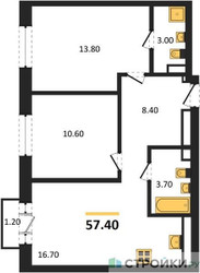 Планировка двухкомнатной(квартира) площадью 57.4 квадратных метров в ЖК “ЖК Квартал Метроном”