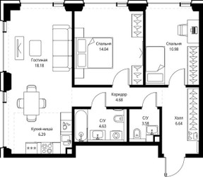 Планировка двухкомнатной(квартира) площадью 69.02 квадратных метров в ЖК “ЖК СЕТ”