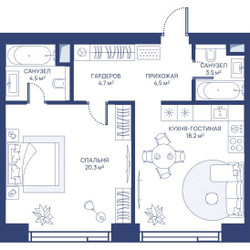 Планировка однокомнатной(квартира) площадью 55.7 квадратных метров в ЖК “ЖК Свет”