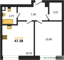 Планировка однокомнатной(квартира) площадью 47.38 квадратных метров в “ЖК Sezar City (Сезар Сити)”