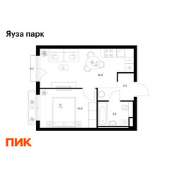 Планировка однокомнатной(квартира) площадью 34.1 квадратных метров в ЖК “ЖК Яуза Парк (Мытищи)”