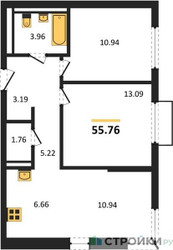 Планировка двухкомнатной(квартира) площадью 55.76 квадратных метров в ЖК “ЖК Пригород Лесное”