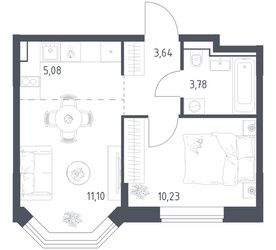 Планировка однокомнатной(квартира) площадью 33.83 квадратных метров в ЖК “ЖК Квартал Домашний”