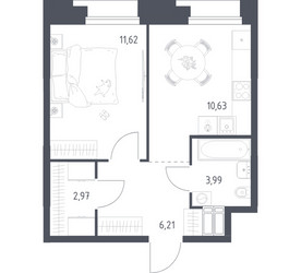 Планировка однокомнатной(апартаменты) площадью 35.42 квадратных метров в ЖК “ЖК Апарт-отель Тропарево парк”