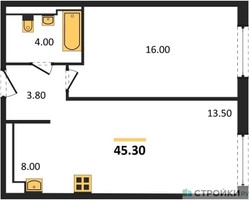 Планировка однокомнатной(квартира) площадью 45.3 квадратных метров в “ЖК Заречье Парк”