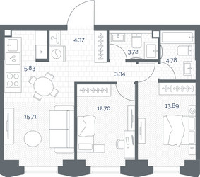 Планировка двухкомнатной(квартира) площадью 64.34 квадратных метров в ЖК “ЖК TATE (Тэйт)”