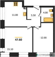 Планировка двухкомнатной(квартира) площадью 47.6 квадратных метров в “ЖК Skolkovo ONE (Сколково Уан)”