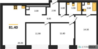 Планировка трехкомнатной(квартира) площадью 81.4 квадратных метров в “ЖК Shagal (Шагал)”
