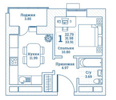 Планировка однокомнатной(квартира) площадью 33.91 квадратных метров в “ЖК Новоград Монино”