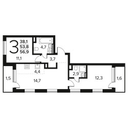 Планировка трехкомнатной(квартира) площадью 56.9 квадратных метров в ЖК “Новые Ватутинки. Заречный”