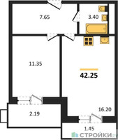 Планировка однокомнатной(квартира) площадью 42.25 квадратных метров в “ЖК Радость (Радумля Парк)”