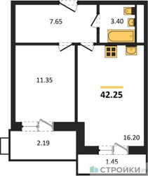 Планировка однокомнатной(квартира) площадью 42.25 квадратных метров в ЖК “ЖК Радость (Радумля Парк)”