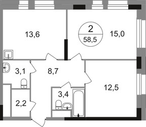 Планировка двухкомнатной(квартира) площадью 58.5 квадратных метров в ЖК “ЖК Первый Московский”