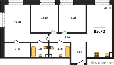 Планировка трехкомнатной(квартира) площадью 85.7 квадратных метров в ЖК “ЖК Шагал”
