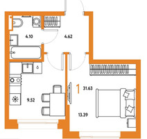 Планировка однокомнатной(квартира) площадью 39.63 квадратных метров в “ЖК Страна.Парковая”