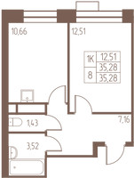 Планировка однокомнатной(квартира) площадью 35.3 квадратных метров в “ЖК Западная Ивантеевка”