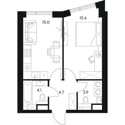 Планировка однокомнатной(квартира) площадью 43.3 квадратных метров в ЖК “ЖК NEXUS by Akvilon (Нексус от Аквилон)”