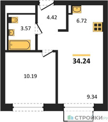 Планировка однокомнатной(квартира) площадью 34.24 квадратных метров в ЖК “ЖК Квартал Марьино”