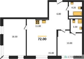 Планировка двухкомнатной(квартира) площадью 72 квадратных метров в “ЖК Детали”