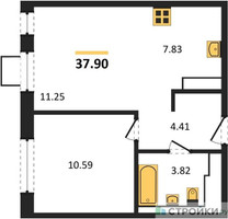 Планировка однокомнатной(квартира) площадью 37.9 квадратных метров в “ЖК Томилино Парк”