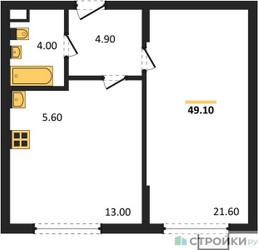 Планировка однокомнатной(квартира) площадью 47.8 квадратных метров в ЖК “ЖК Ново-Молоково”