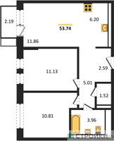 Планировка двухкомнатной(квартира) площадью 53.74 квадратных метров в “ЖК Новое Видное”
