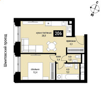 Планировка однокомнатной(квартира) площадью 45.1 квадратных метров в “ЖК Шелепиха (Cosmopolit)”