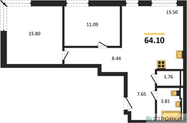 Планировка двухкомнатной(квартира) площадью 64.1 квадратных метров в ЖК “ЖК Квартал Герцена”