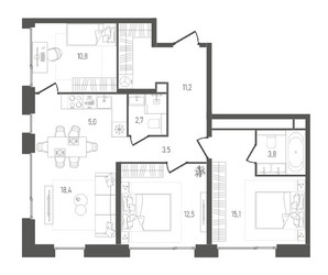 Планировка трехкомнатной(квартира) площадью 82.3 квадратных метров в ЖК “ЖК Pave (Пэйв)”