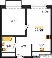 Планировка однокомнатной(квартира) площадью 36.9 квадратных метров в “ЖК Новоград Павлино”