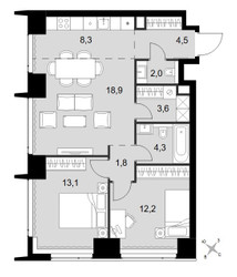 Планировка трехкомнатной(квартира) площадью 68.7 квадратных метров в ЖК “ЖК Amber City (Амбер Сити)”