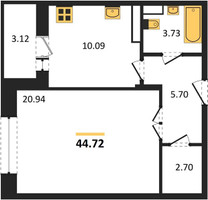 Планировка однокомнатной(квартира) площадью 44.72 квадратных метров в “ЖК Преображенская Площадь”