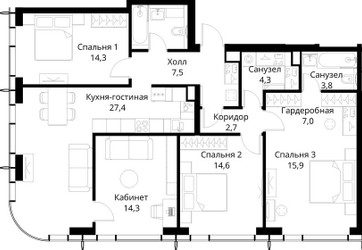 Планировка 4+ комнатной(квартира) площадью 116.3 квадратных метров в ЖК “ЖК Сити Бэй”