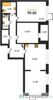 Планировка трехкомнатной(квартира) площадью 70.2 квадратных метров в “ЖК 1-й Донской (Первый Донской)”