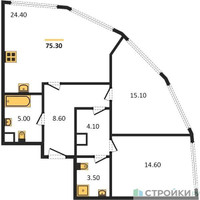 Планировка двухкомнатной(квартира) площадью 75.3 квадратных метров в “ЖК Нагатино Ай-Лэнд”