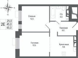 Планировка двухкомнатной(квартира) площадью 45 квадратных метров в “ЖК КИНОКВАРТАЛ”