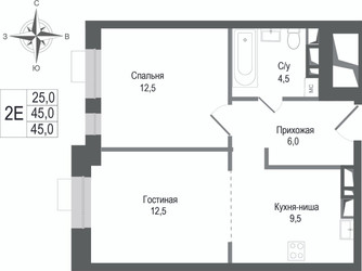 Планировка двухкомнатной(квартира) площадью 45 квадратных метров в ЖК “ЖК КИНОКВАРТАЛ”