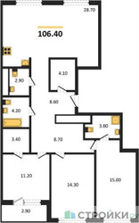 Планировка трехкомнатной(квартира) площадью 106 квадратных метров в ЖК “Жилой район Alia (Алиа)”