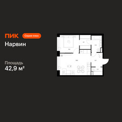 Планировка однокомнатной(квартира) площадью 42.9 квадратных метров в ЖК “Нарвин”