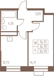 Планировка однокомнатной(квартира) площадью 34.2 квадратных метров в ЖК “ЖК Западная Ивантеевка”