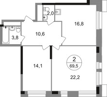 Планировка двухкомнатной(квартира) площадью 69.5 квадратных метров в “ЖК Первый Московский”